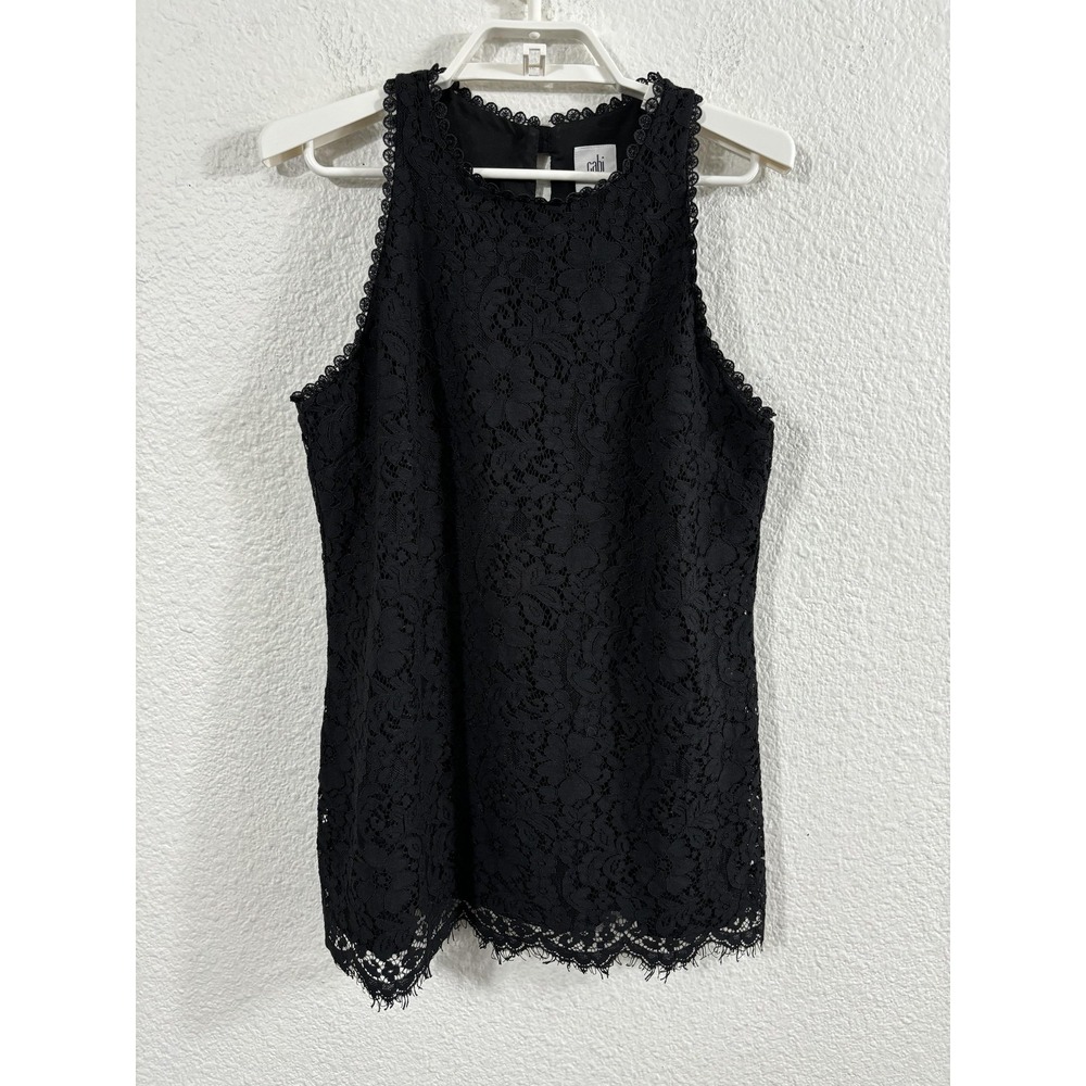 Cabi Tank Top Womens Small Black Lace Lined Scalloped Hem Sleeveless Style 3605